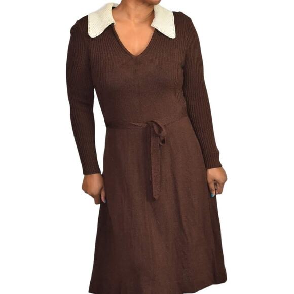 Vintage Dress Brown 70s Ribbed Knit Belted Secretary Contrast Collar Size Medium - Picture 1 of 13